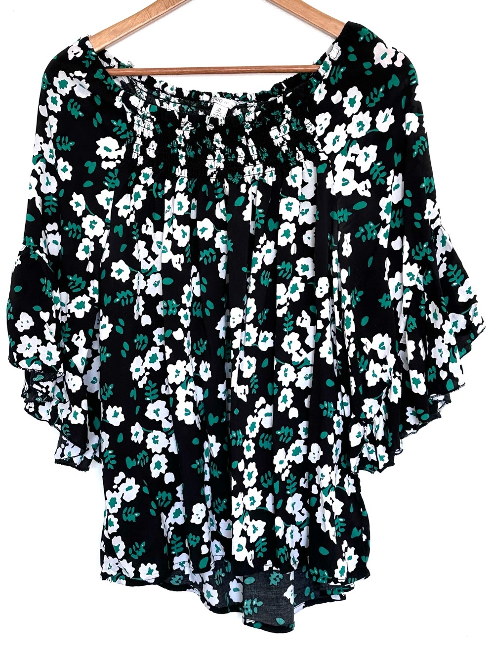 Cato Shirt Women’s XL Black Floral Smocked Bell Sleeve Lightweight Blouse Top